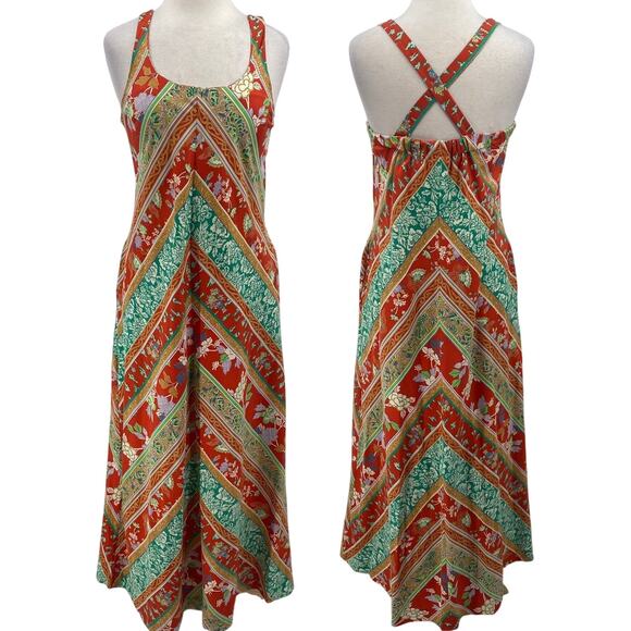 Vintage 70s Striped Maxi Dress Crossback Sleeveless Red Green Gold Womens Small - Picture 1 of 9